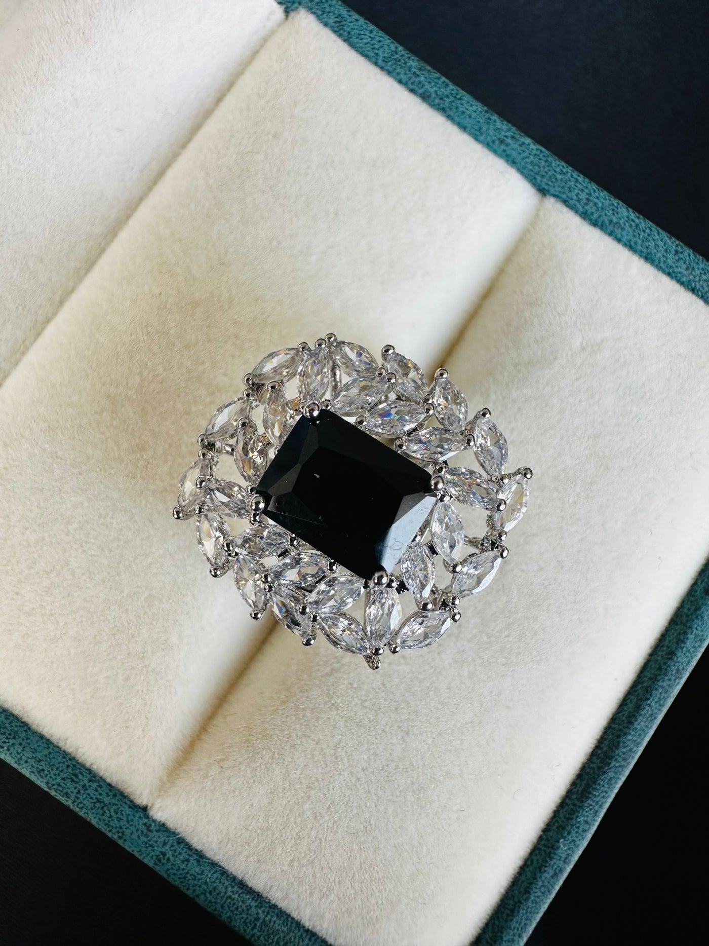 Black halo silver ring